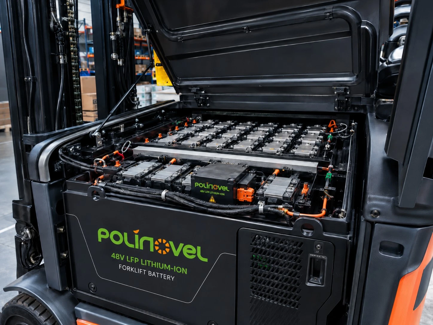 Polinovel heavy-duty 48V LFP lithium-ion forklift battery pack installed in a modern electric forklift compartment showing cell arrangement for multi-shift warehouse fleets Polinovel heavy-duty 48V LFP lithium-ion forklift battery pack installed in a modern electric forklift compartment showing cell arrangement for multi-shift warehouse fleets